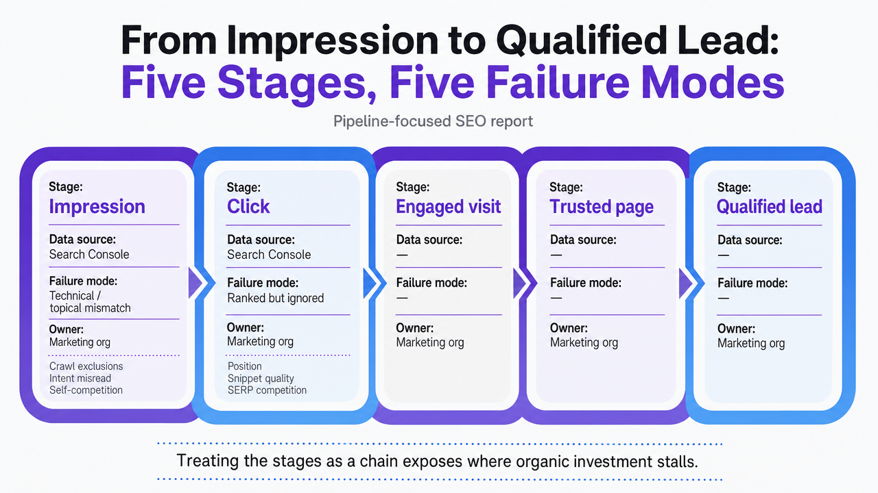 Visualize the five-stage pipeline chain the section explicitly describes, pairing each stage with its data source, failure mode, and owner