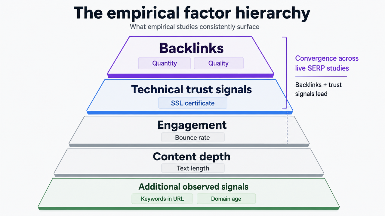 Visualize the empirical ranking factor hierarchy cited from peer-reviewed research in this section, giving readers a clear tier structure of what actually moves rankings