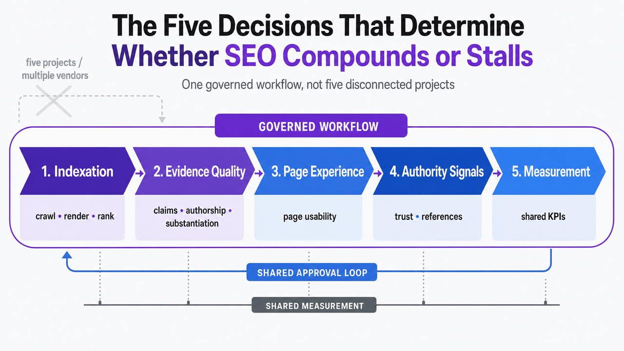 Visualize the five interdependent decisions framework introduced in this section as a sequenced operating model