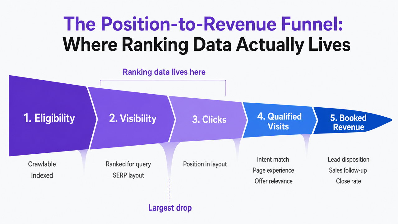 Visualize the five-stage funnel described in this section so readers see where ranking sits relative to revenue and where each stage can leak