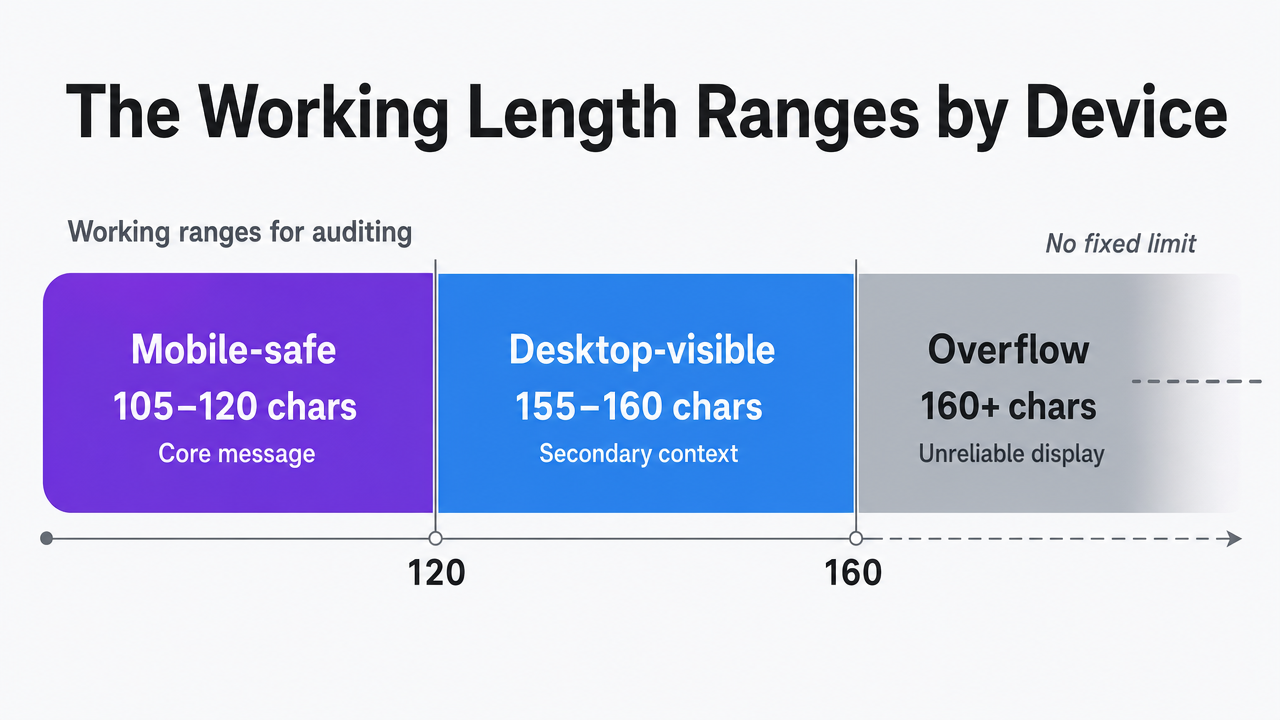 Visualize the three truncation zones (mobile-safe, desktop-visible, overflow) as a labeled character-range diagram that directly supports the section's cited length ranges