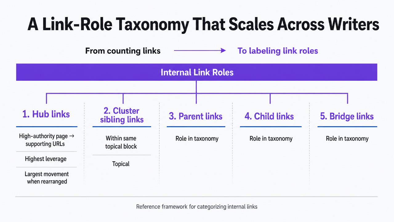 Visualize the five internal link roles described in the section as a reference framework editors can use to categorize links
