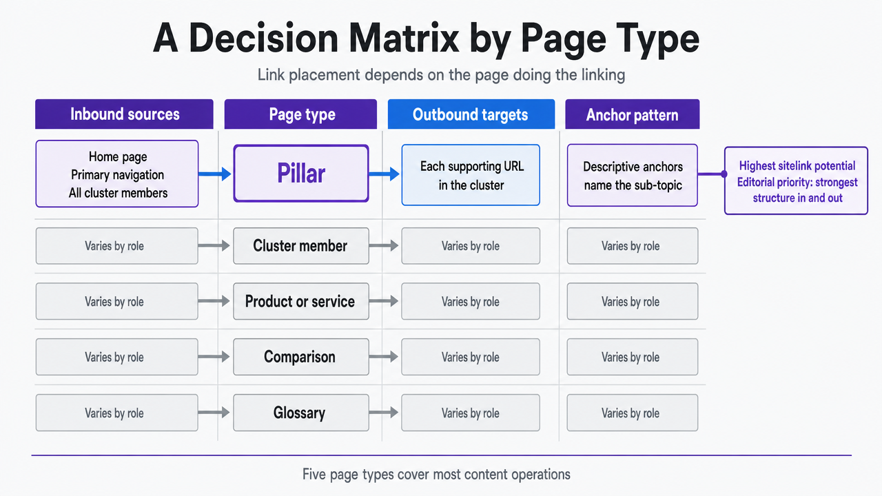 Present the five page types and their inbound/outbound linking profile as a comparison matrix that codifies the section's editorial rules
