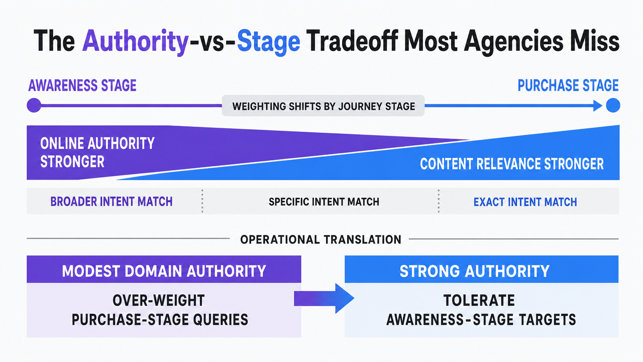 Visualize the two weighting profiles from the Journal of Retailing framework, showing how content relevance dominates for purchase-stage queries while online authority dominates for awareness-stage queries