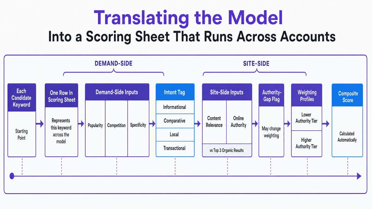 Show the structure of the six-factor keyword scoring sheet described in the section, including demand-side inputs, intent classification, site-side inputs, the authority-gap flag, and composite output