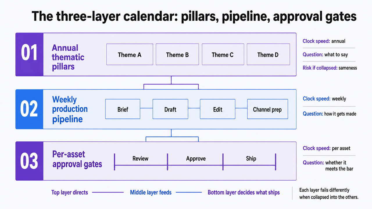 Visualize the three stacked layers of the calendar control system with their distinct clock speeds and questions answered, directly supporting the section's framework explanation