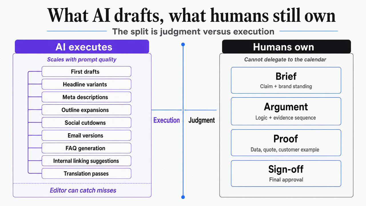 Comparison infographic showing the judgment-versus-execution split between human and AI responsibilities, directly supporting the section's core argument