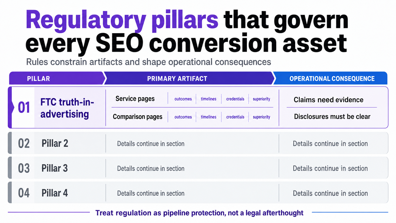 Visualize the four regulatory pillars mapped to specific artifacts and operational consequences described in this section