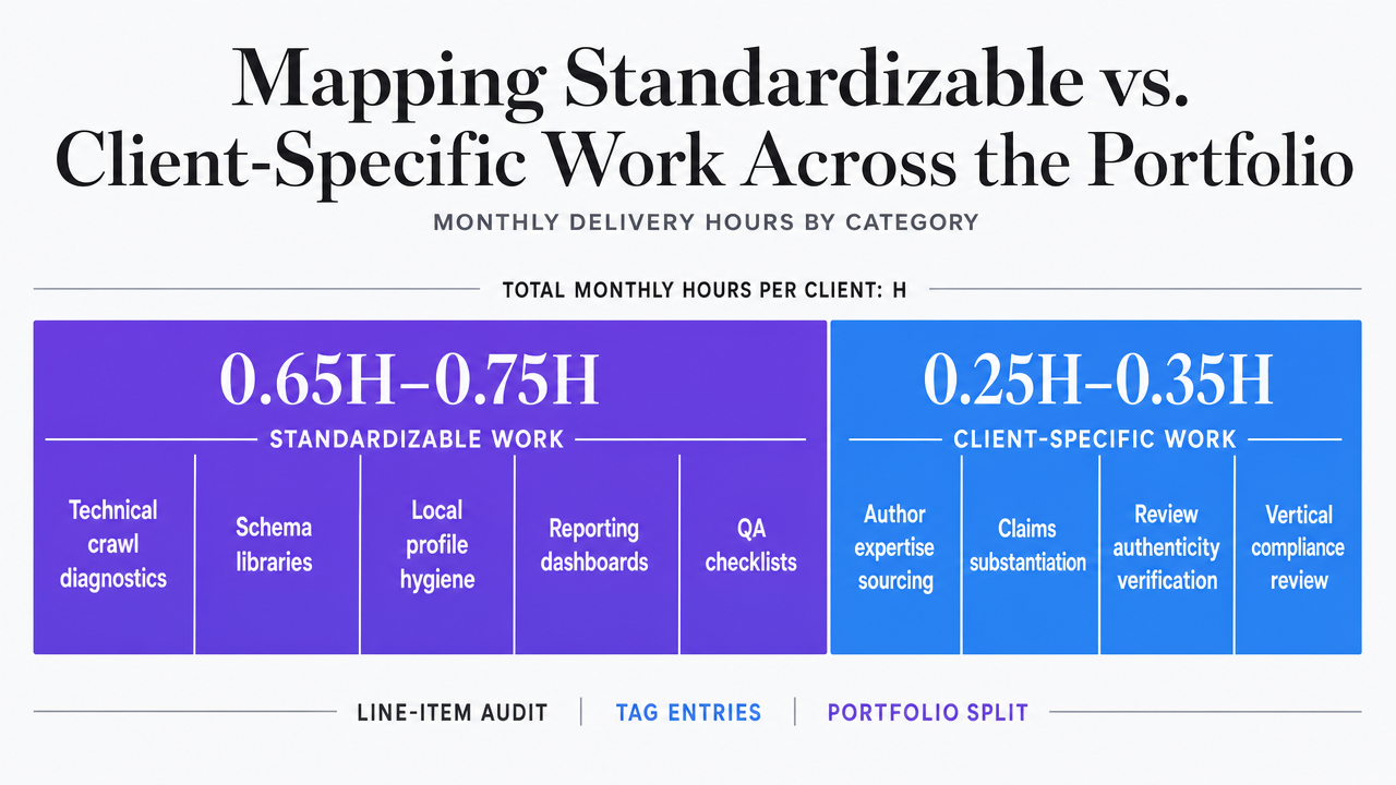 Visualize the 70/30 split of monthly delivery hours between standardizable and client-specific SEO stages, matching the hour allocations cited in the section