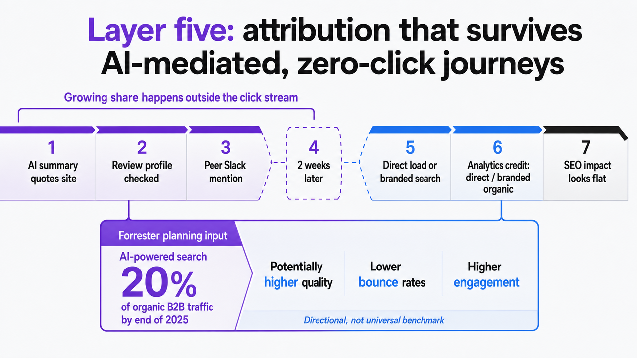 Support the cited Forrester statistics on AI's role in B2B buyer research and its share of organic traffic, directly relevant to the attribution challenge