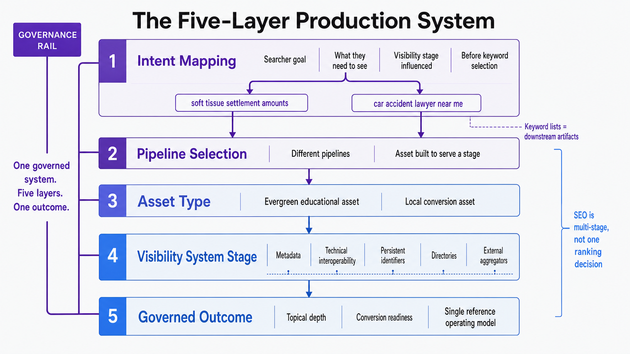 Visualize the five sequential production layers described in Sections 2.1 through 2.5 as a governed pipeline, giving readers a single reference for the operating model the rest of the article builds on