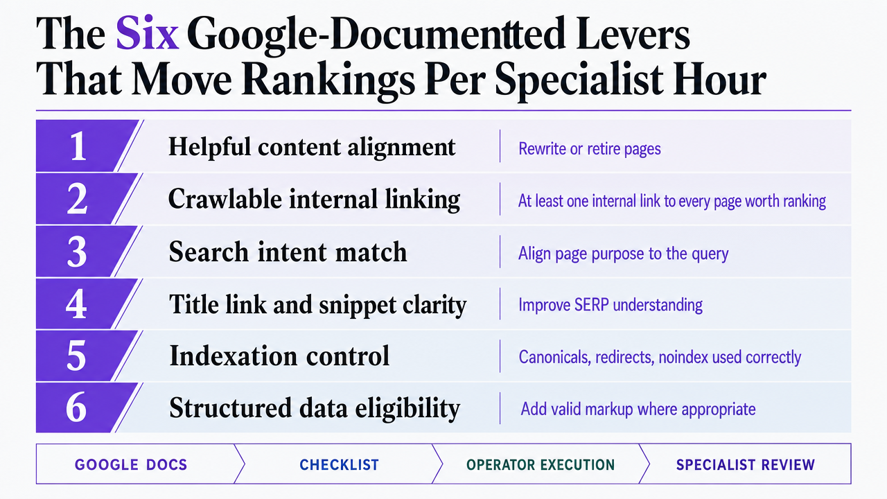 Visualize the six named Google-documented SEO levers as a ranked framework, matching the ordered list in this section