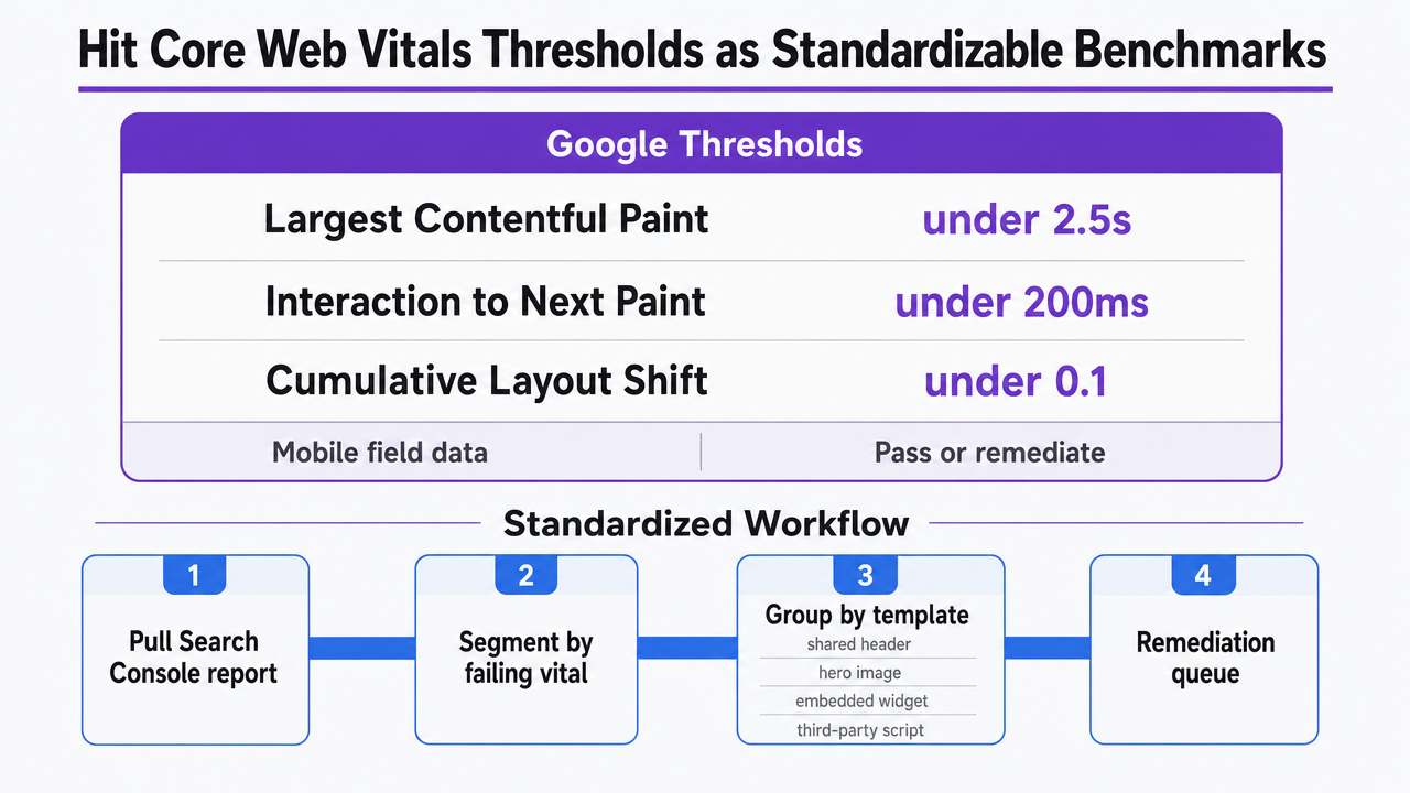 Display the three exact Core Web Vitals thresholds cited by Google as a benchmark card that supports the section's operator rule