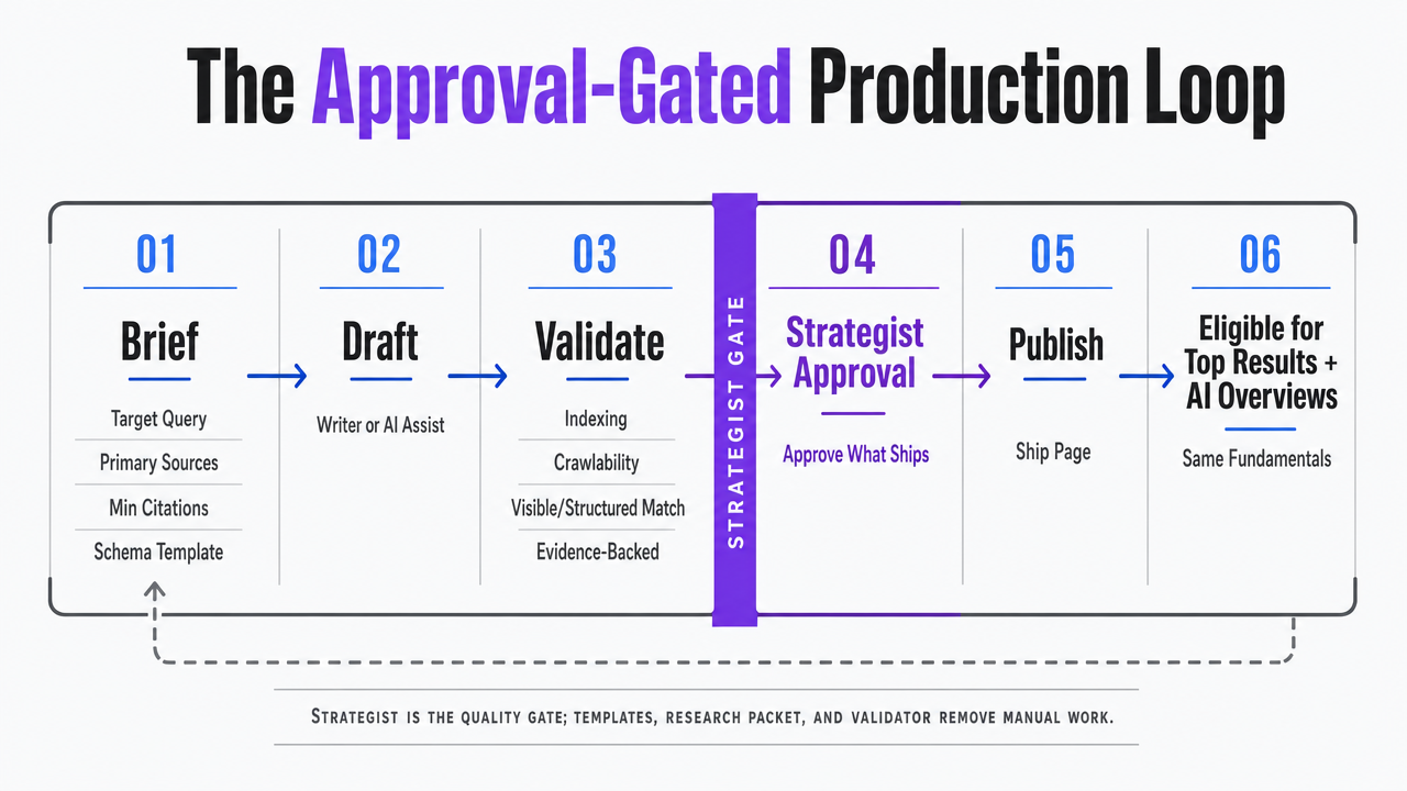 Visualize the six-stage approval-gated production loop described in the section as a horizontal process flow, making the strategist's single approval gate visible