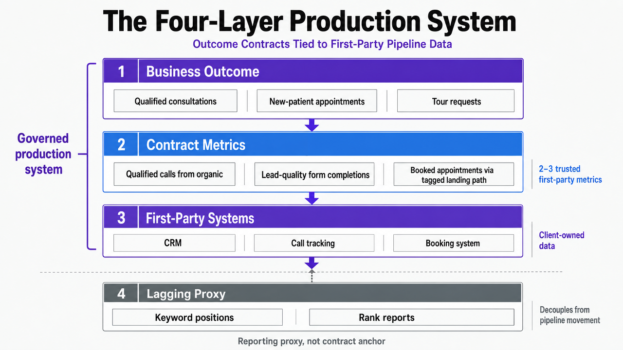 Visualize the four-layer governed production system that structures the entire article's operating model, giving readers an anchor diagram for the sections that follow