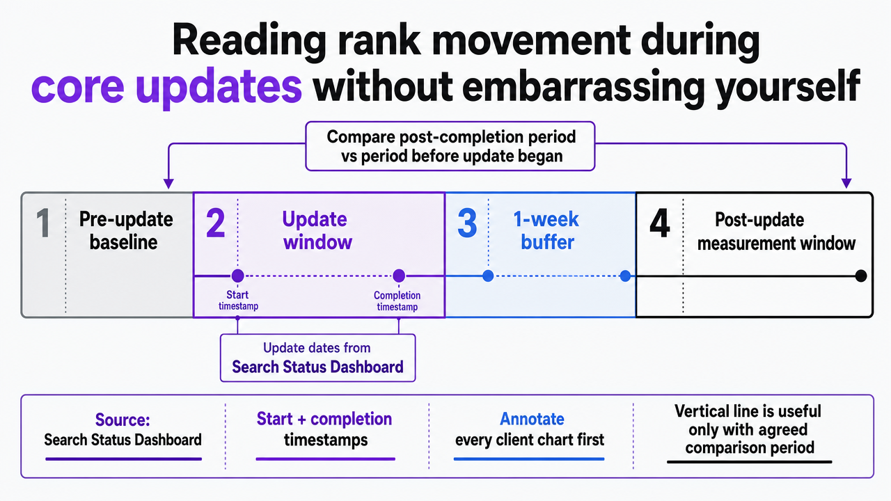 Visualize the exact core-update analysis protocol described in the section: pre-update baseline, update window, one-week buffer, and post-update measurement window, so agencies can adopt the timing discipline