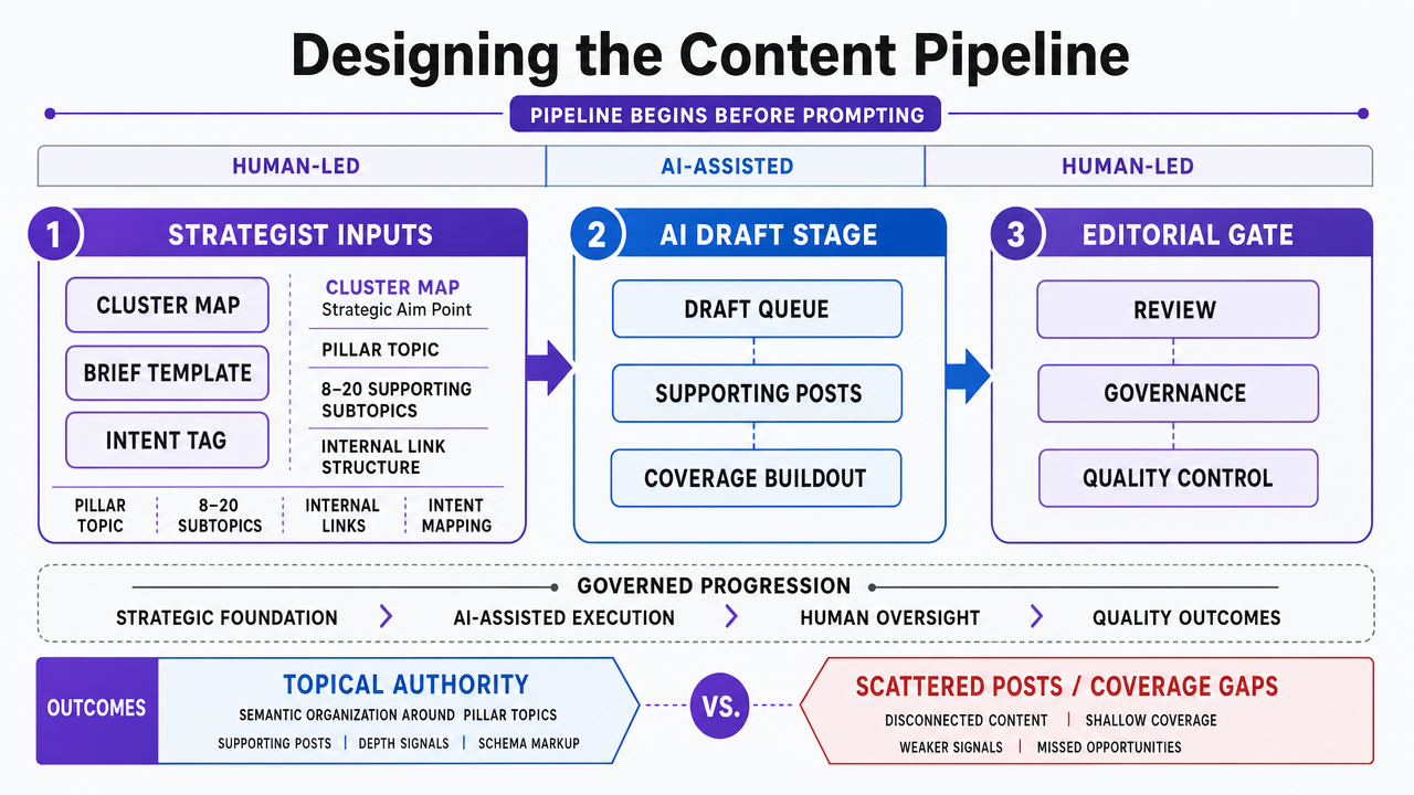 Visualize the governed pipeline stages described in the section: strategist inputs, AI draft stage, and editorial gate, showing role decomposition between humans and AI