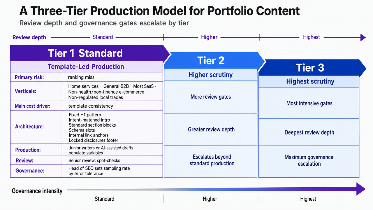 Visualize the three-tier governance model that structures the entire article, showing how review depth and gates escalate by tier
