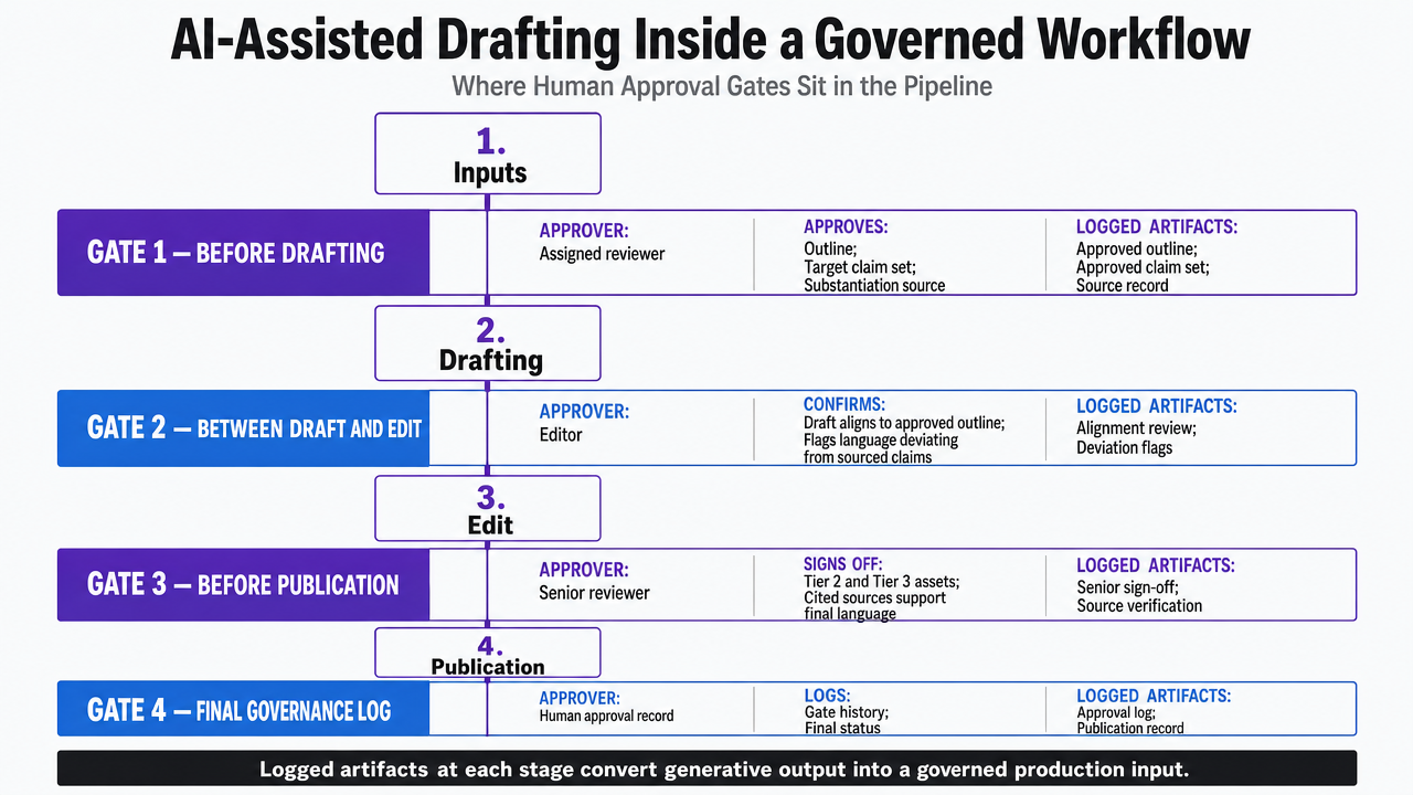 Diagram the four human approval gates in the AI-assisted content pipeline described in the section, including the artifacts logged at each gate