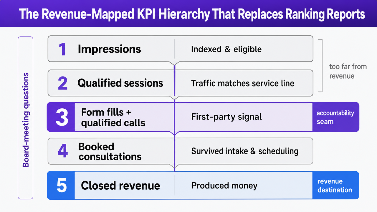 Visualize the five-layer KPI hierarchy the section explicitly enumerates, highlighting the qualified-call layer as the accountability seam
