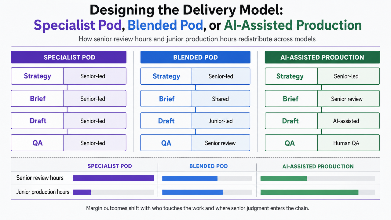 Visualize the three staffing models side-by-side as a comparison framework the article explicitly describes, helping readers grasp how senior review hours and junior production hours redistribute across each model
