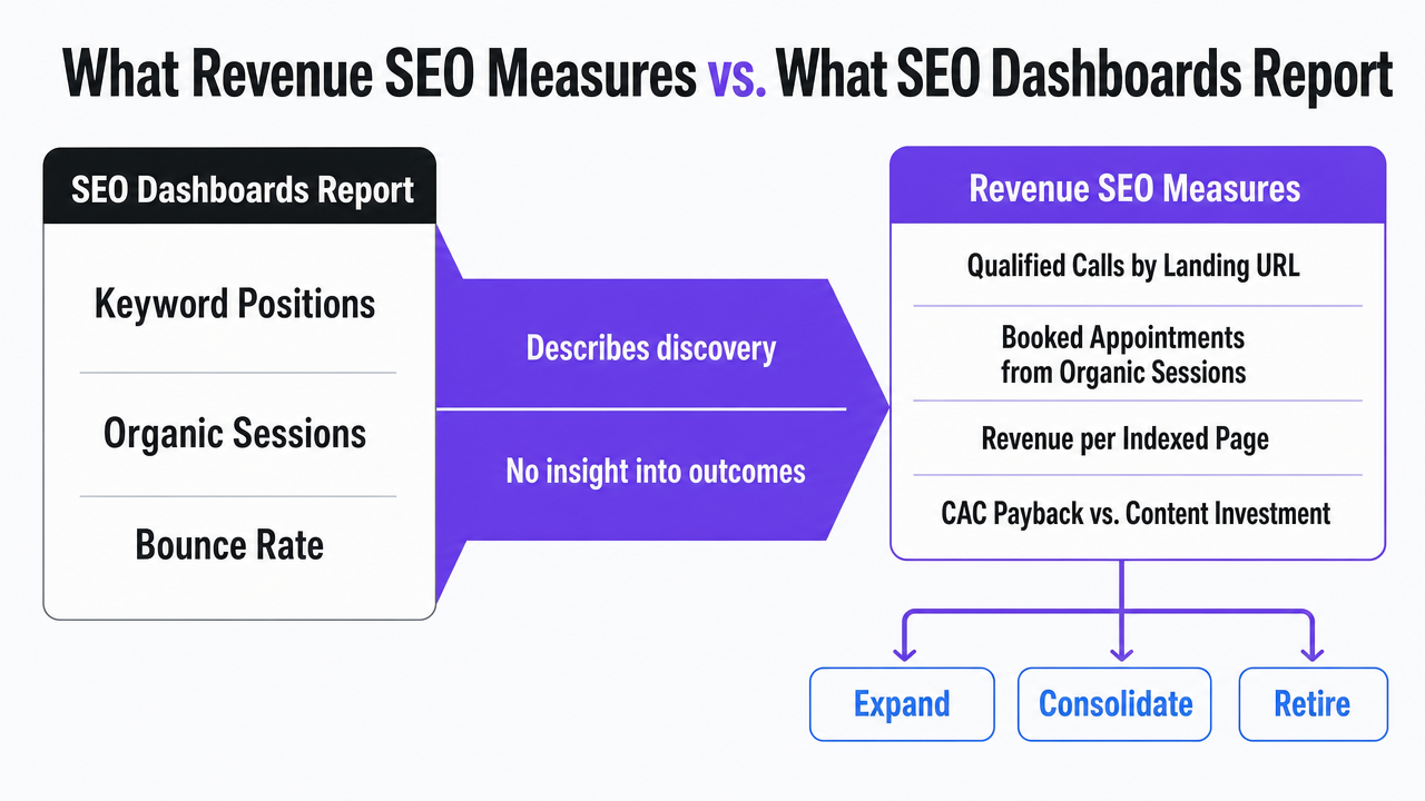 Contrast the metrics conventional SEO dashboards report against the metrics a revenue SEO program measures, directly supporting the section's core argument