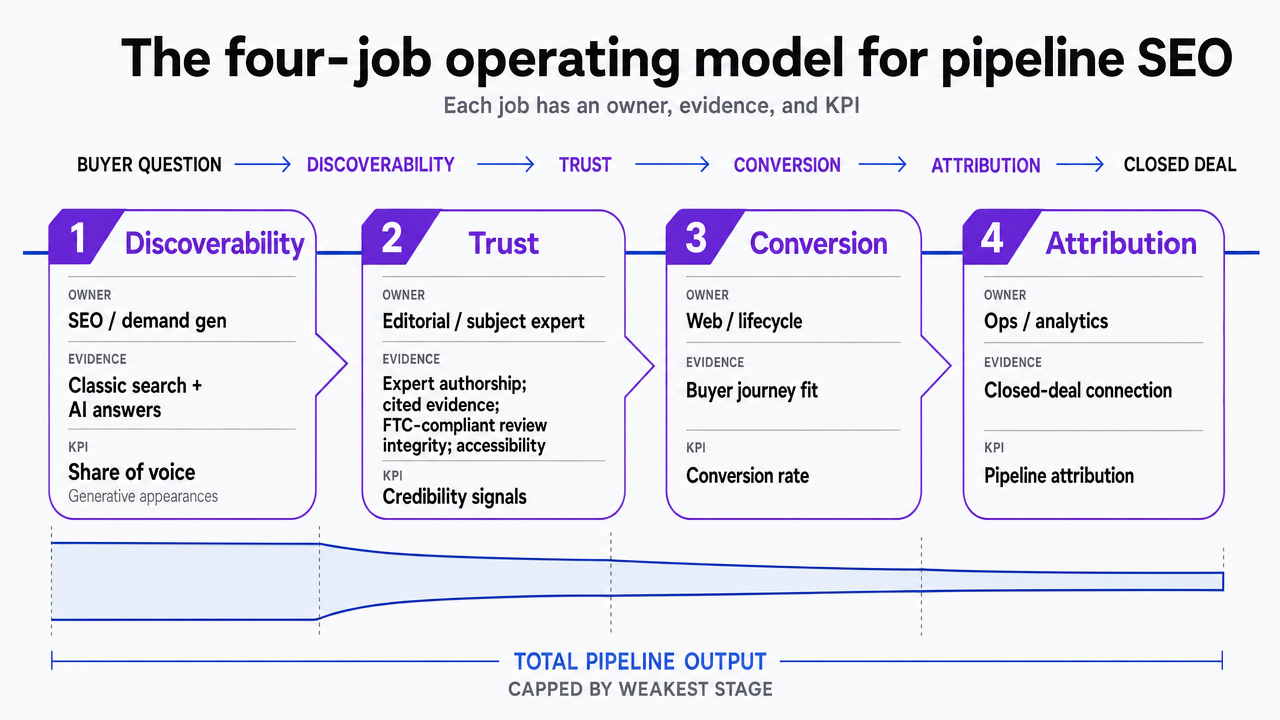 Visualize the four sequential jobs (discoverability, trust, conversion, attribution) with their owners, evidence sources, and KPIs as described in the section