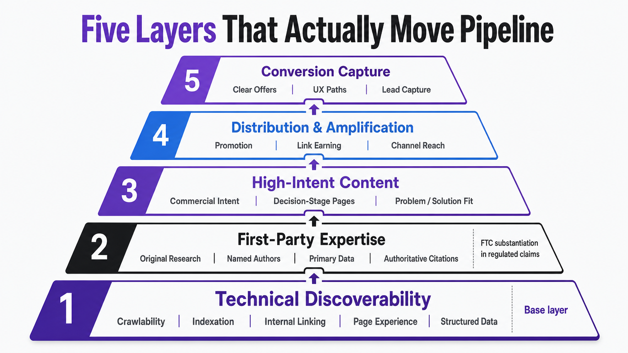 Visualize the five connected layers of the organic revenue system described in this section as a stacked framework