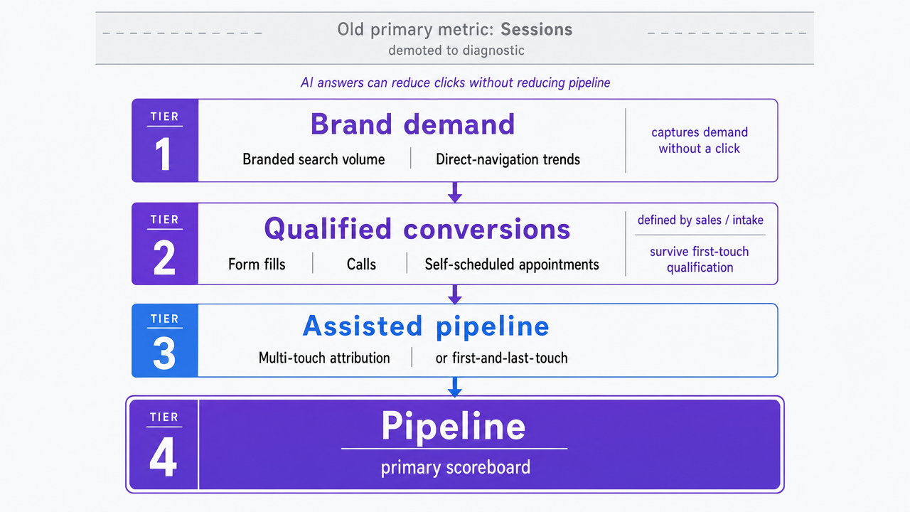 Show the four-tier reporting stack that replaces session-based measurement, directly matching the prose