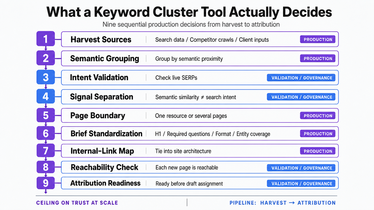 Visualize the nine sequential production decisions a keyword cluster tool makes, as explicitly enumerated in the section's pipeline description from harvest to attribution