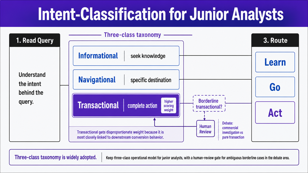 Visualize the three-step classification workflow with the human-review gate, directly supporting the section's explanation of how junior analysts route queries