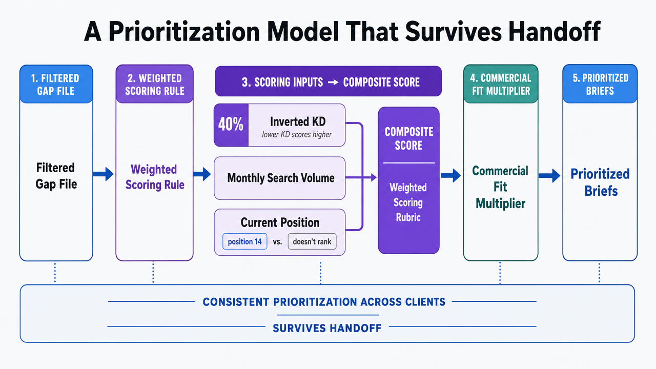 Show the weighted scoring rubric and commercial fit multiplier as a process flow so readers understand how raw metrics become prioritized briefs