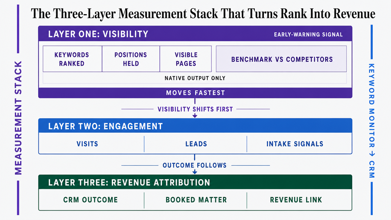 Visualize the three-layer measurement stack (Visibility, Engagement, Revenue Attribution) described in the section, showing how each layer feeds the next from keyword monitor to booked CRM outcome