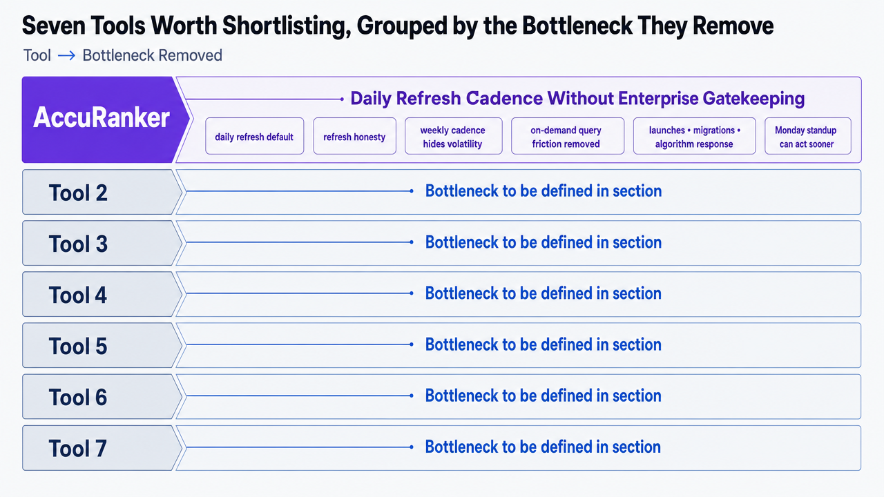 Visualize the seven shortlisted tools mapped to the specific scaling bottleneck each one removes, mirroring the article's organizing frame for this section