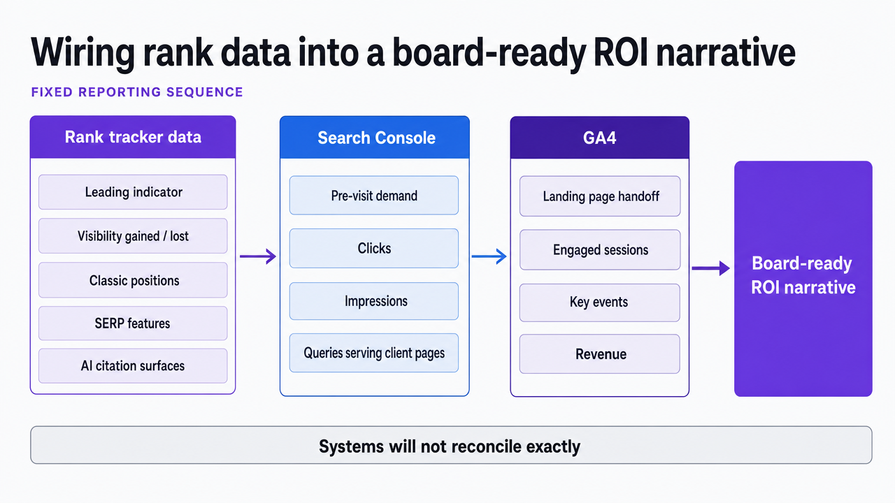Visualize the fixed reporting sequence from rank data through GSC to GA4 outcomes, directly mirroring the workflow described in the section
