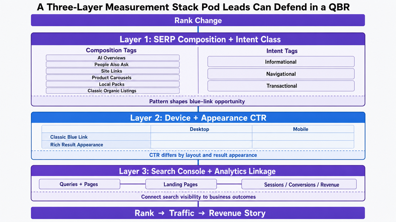 Visualize the three-layer measurement framework described in the section, showing how composition/intent, device/appearance CTR, and Search Console plus Analytics linkage stack to translate rank into revenue