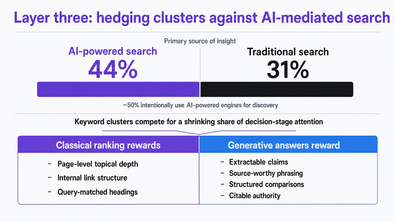 Support the McKinsey citation that 44% of users name AI-powered search as their primary insight source vs. 31% for traditional search, directly cited in the surrounding prose