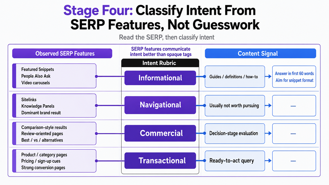 Support the four-part intent rubric by showing how specific SERP features map to informational, navigational, commercial, and transactional intent, which is the core framework of this section
