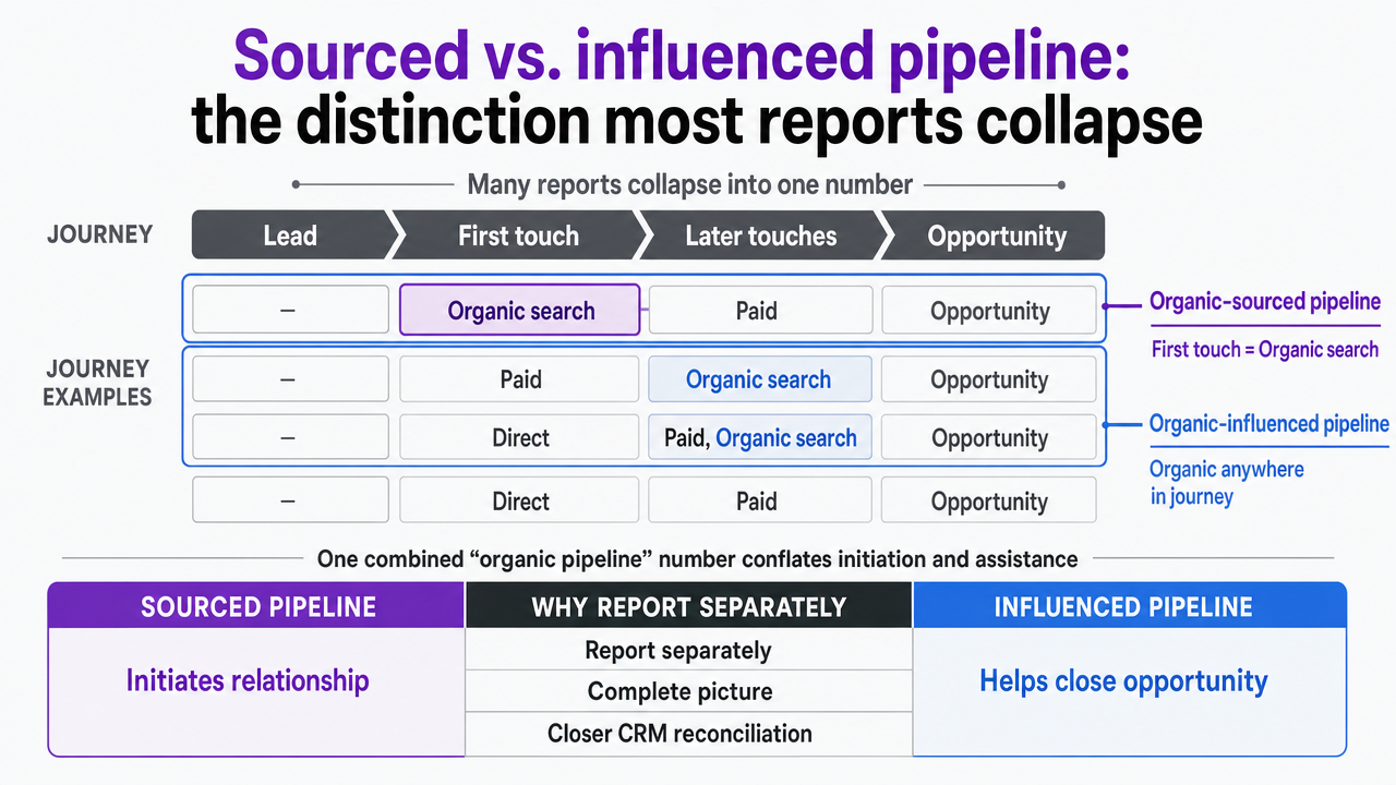 Visualize the operational comparison between sourced pipeline (first-touch organic) and influenced pipeline (organic anywhere in journey) as described in this section, showing how each is defined and interpreted