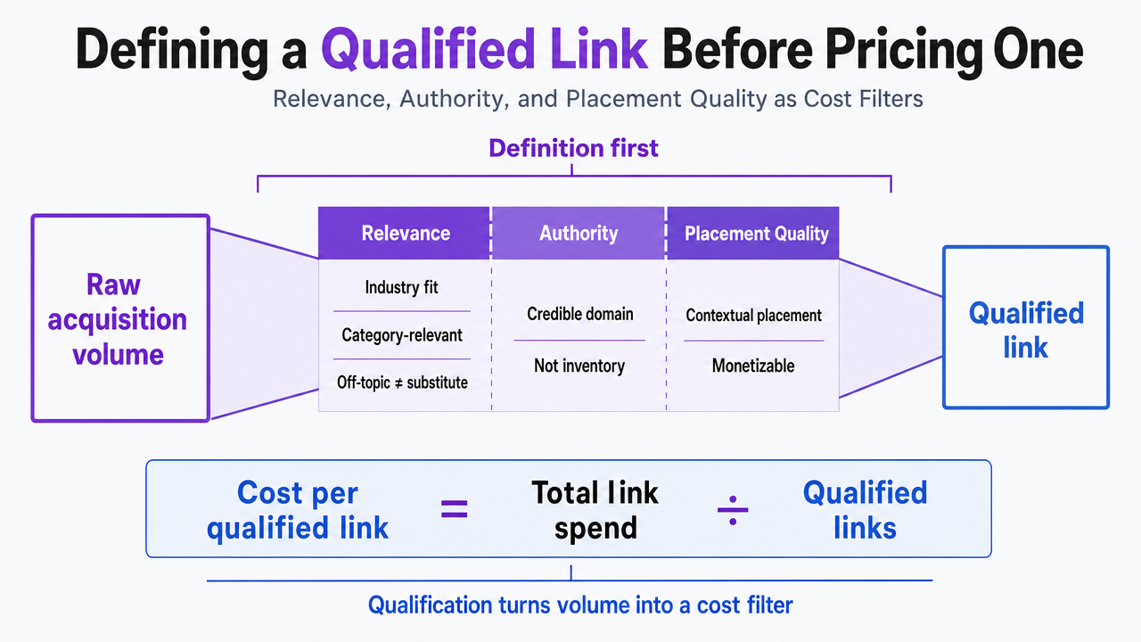 Visualize the three-attribute qualification filter and the cost-per-qualified-link formula, both of which are explicitly defined in this section