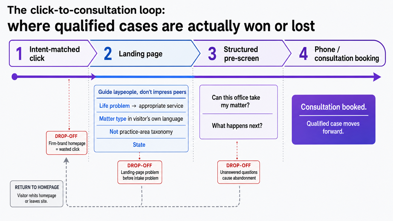Visualize the four-stage governed pipeline described in the section: intent-matched click, landing page, structured pre-screen, and phone/consultation booking, with the drop-off diagnostics the article names