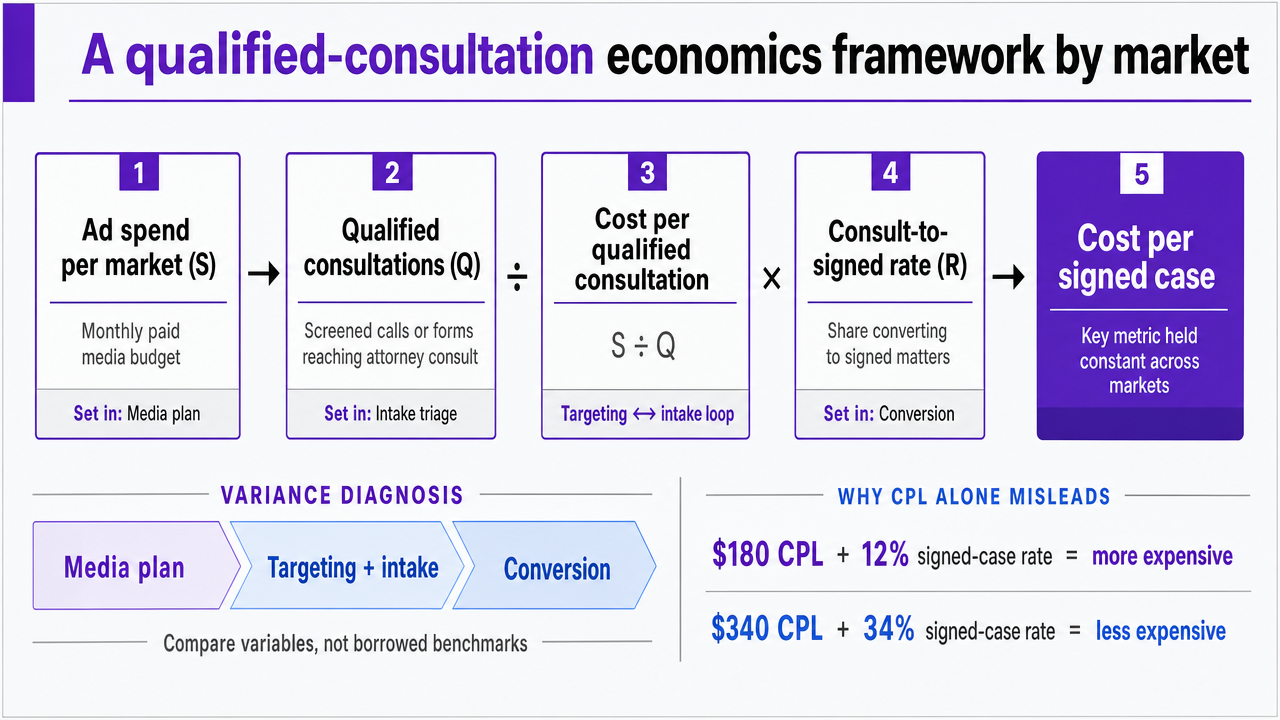 Reinforce the cost-per-signed-case framework table by visualizing the formula chain from ad spend to signed case across markets, making the variance diagnosis explicit