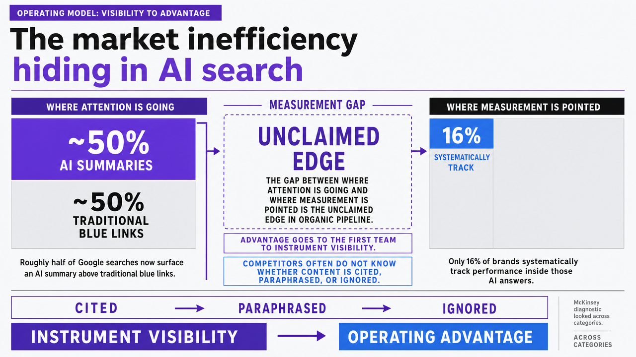 Reinforce the central statistic that only 16% of brands systematically track AI search performance, framing the measurement gap as the market inefficiency the section describes
