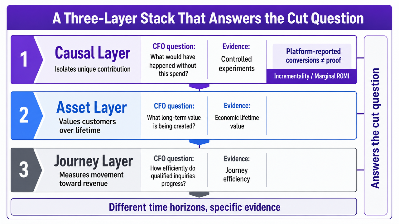 Visualize the three-layer measurement framework (causal, asset, journey) that structures the article's core argument for budget defense
