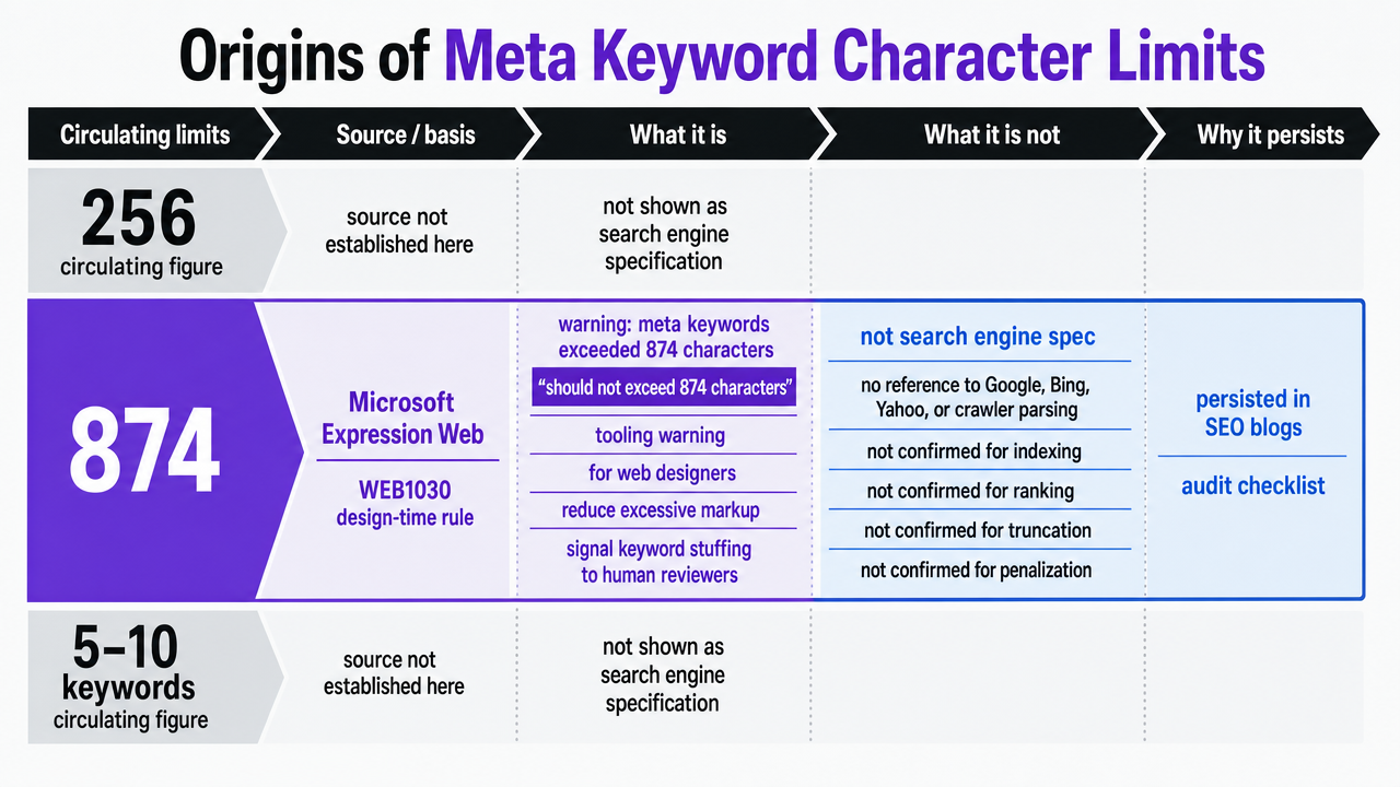Visualize the three circulating character limit figures, their sources, and why each is not a search engine specification, directly supporting the section's comparison of 256, 874, and 5-10 keyword limits
