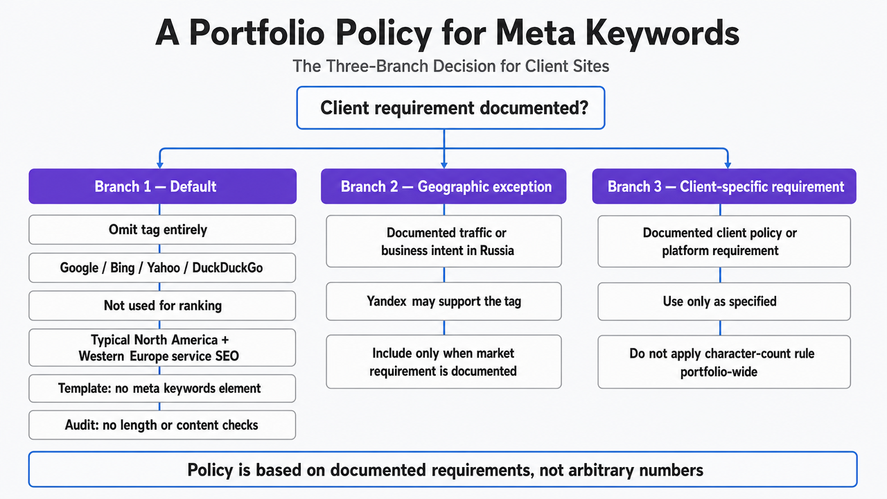 A decision-tree process infographic visualizing the three-branch policy for handling meta keywords across a client portfolio, directly supporting the section's operational framework