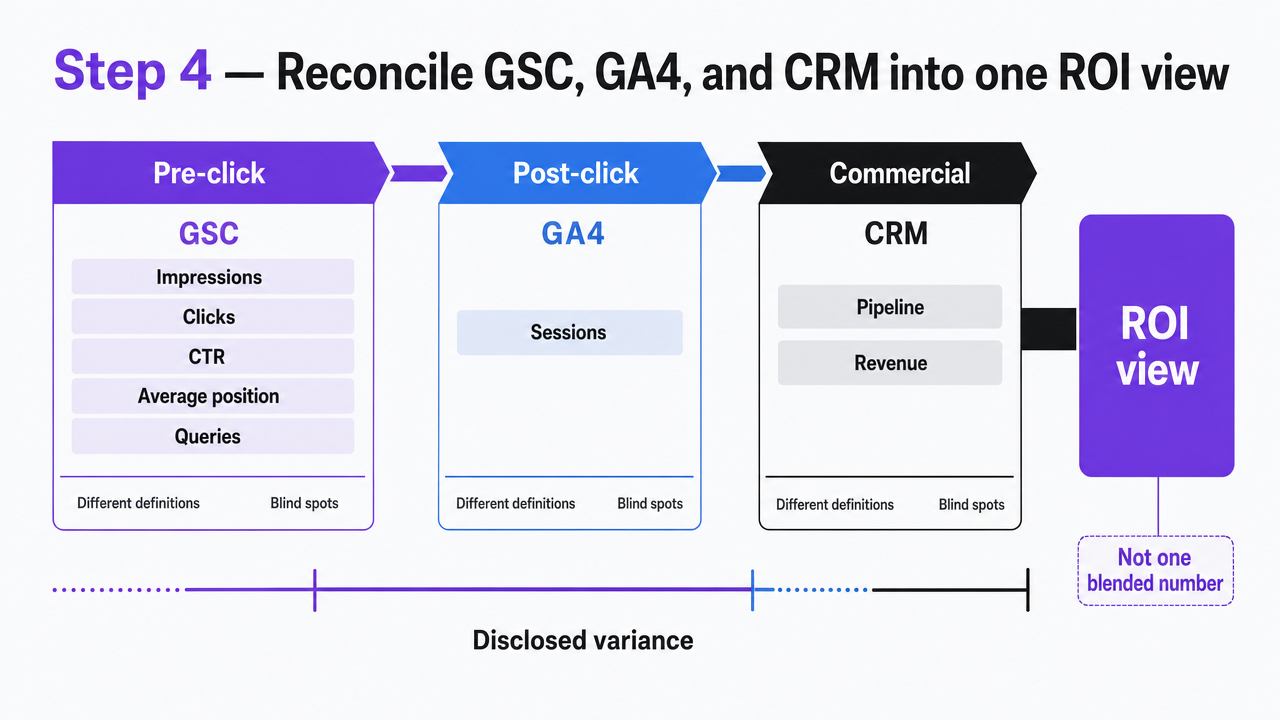 Visualize the three-system reconciliation funnel described in the section, showing pre-click, post-click, and commercial stages with the disclosed variance line