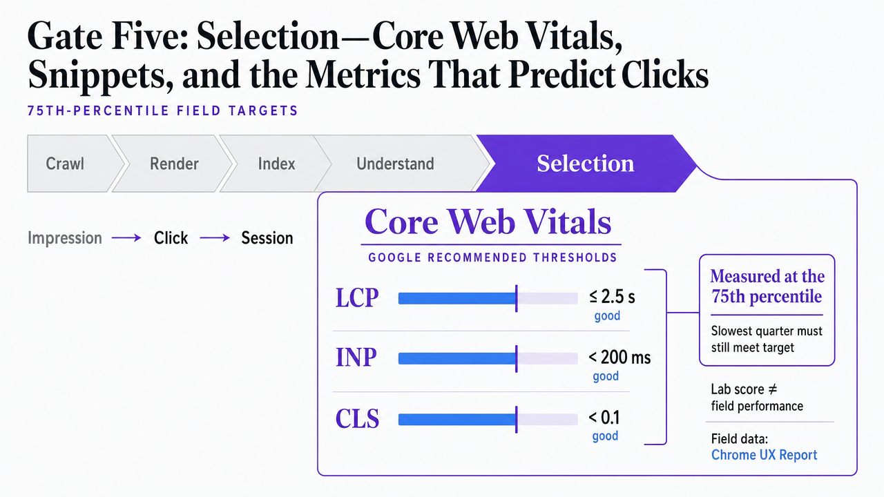 Display Google's recommended Core Web Vitals thresholds cited in the section, giving strategists a reference for the 75th-percentile targets