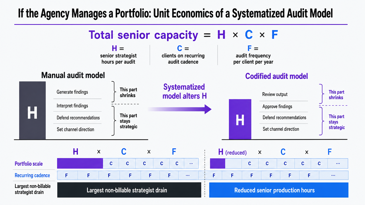 Visualize the formula H × C × F and the shift from generate-from-scratch hours to review-and-approve hours described in the section's operating model
