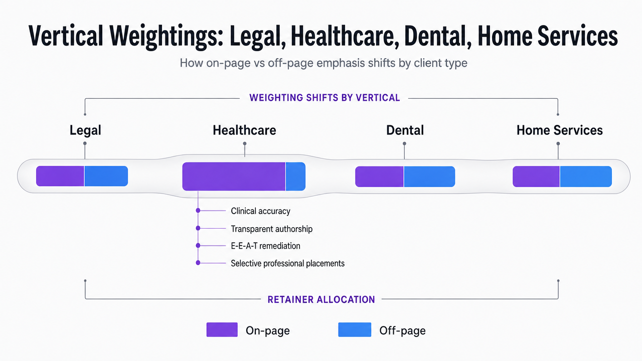 Visualize the four vertical-specific on-page vs off-page weightings the section describes, giving readers a scannable framework of how the mix shifts by client type